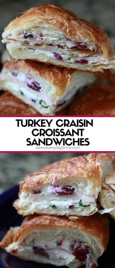 turkey cranberry crescent sandwiches are stacked on top of each other and ready to be eaten