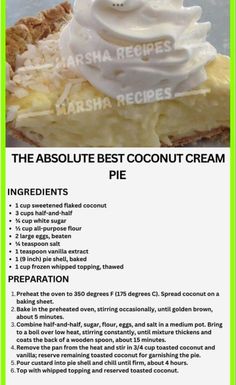 an advertisement for the absolute best coconut cream pie