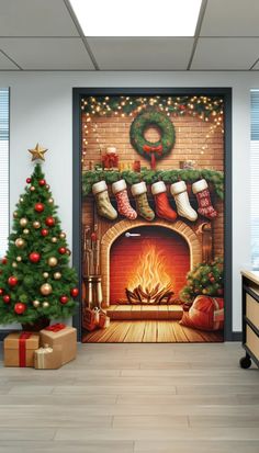 a christmas fireplace door cover with stockings and stockings on it, next to a christmas tree