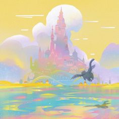 an image of a castle in the sky with birds flying over it and water below