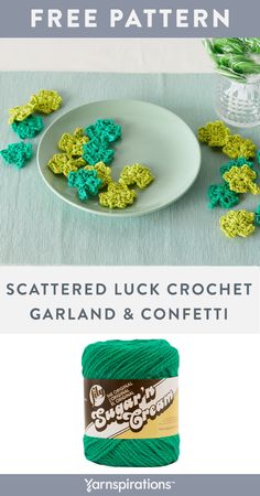 crochet shamrocks on a plate next to yarn