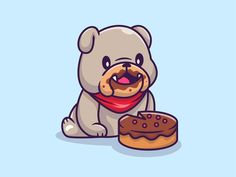 a cartoon dog with a piece of cake in front of him on a blue background