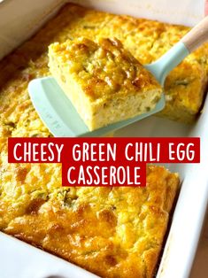 cheesy green chili egg casserole in a white dish with a spatula