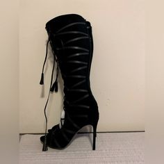 Nwt Fantastic Vince Camuto % Soft Silky Black Suede: Open-Toe, High Stiletto Heel, Tall Lace-Up Boots With Leather Wrap-Around & Tassels. Size 9.5. In Original Box. Very Chic! Elegant Fitted Lace-up Heeled Boots, Elegant Lace-up Heeled Boots For Night Out, Evening Open Toe Fitted Boots, Fitted Evening Boots With Open Toe, Fitted Open Toe Boots With Wrapped Heel, Fitted Open Toe Evening Boots, Fitted Lace-up Evening Boots, Black Fitted Heeled Boots With Wrapped Heel, Black Open Toe Heeled Boots For Formal Occasions