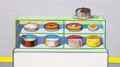 a painting of an ice cream display with donuts and cakes