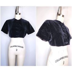 "Vintage Cropped Capelet Stole Black Velvet  Button Front  Collared short collar  Short Sleeves  Not Lined  Shoulder Pads are damaged but they can be removed or replaced - sold as is and as found!  Made a mistake during the photo-shoot and the collar was not showing.... see the picture with showing the short collar!       Great Vintage Condition !  Measurement approximately : Label : n/a Size: n/a feels like size XS  ( Please Refer to measurement ! this is just an estimate ! ) Fabric: VELVET  Shoulder to Shoulder: 14 1/4\" Sleeves Length : 8\" Armpit to Armpit: 18 3/4\" Width where it ends 16\" Length: 13 3/4\"  Measurements are taken with the garment laying flat please double for arm pit shoulders and waist ! Sale Terms & Methods of Payment: * AS IS - ALL SALES ARE FINAL * Please Read our Formal Cropped Top With Button Closure, Fitted Stand Collar Top With Buttons, Fitted Short Sleeve Tops With Covered Buttons, Vintage Fitted Top With Stand Collar, Blazer Crop, Cape Blazer, January 2nd, Bolero Shrug, Velvet Shorts