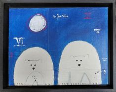 two white polar bears in front of a blue sky with the moon and stars above them