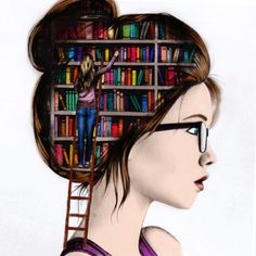 a drawing of a woman standing in front of a bookshelf filled with books