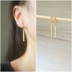 Gold dangle bar hoop clip on earrings, metal is gold plated over brass. Details :- **Gold bar charm size is 25mm x 2mm. **Hoop clip on size is 11mm(inner diameter) and 13mm(outer diameter). **Earrings length is 39mm, width is 2mm. **Weight is 1.33g (2.66g per pair). ♥ ♥ Hoop clip on - are comfortable to wear and will not drop off easily, and they look like pierced ear earrings. ♥ ♥ These earrings will be packed into a metallic polybag. ♥ ♥ Pls convo us if you have any queries. ♥ ♥ Thank you so m Minimalist Nickel-free Dangle Clip-on Earrings, Minimalist Hoop Clip-on Earrings, Minimalist Gold Clip-on Earrings For Everyday, Gold Minimalist Clip-on Earrings For Everyday, Gold Dangle Hoop Earrings Minimalist Style, Everyday Minimalist Gold Clip-on Earrings, Gold Minimalist Clip-on Earrings, Minimalist Dangle Clip-on Earrings, Minimalist Brass Huggie Earrings