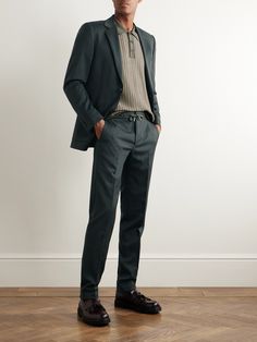 DESIGNED BY MR PORTER. Mr P. understands that the best tailoring is also comfortable. These suit trousers are cut in a slim profile from soft wool-till and have an elasticated drawstring waistband that'll never feel too restrictive. They're ideal for days when you'll get in plenty of steps between appointments. Shown here with Mr P. Suit Jacket Cool Wedding Suits For Men, Black Tie Optional Men’s Attire, Men’s Corporate Workwear, Men’s Cocktail Attire Evening, Korean Suit Men Fashion, Navy Suit Black Shirt, Men’s Business Fashion, Mens Dinner Outfit Casual, Suits For Graduation