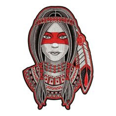 an embroidered patch with a woman's face painted in red and black on it