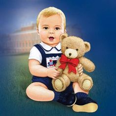 a little boy sitting on the ground holding a teddy bear with a red bow around his neck