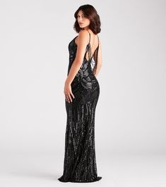 The Pauline formal sequin dress catches the light just right, making way for your head-turning entrance! She features a beautiful sleeveless plunge V-neckline with a sheer mesh insert, a padded bust, adjustable spaghetti straps, a stunning draped beading along her back, and a flattering mermaid silhouette and floor-length hem. The formal dress is designed with a sparkling sequin-scroll pattern on mesh fabric with a stretchy knit lining. Complete the look with fringe earrings for a gala or black tie event!Fit & FeaturesSleeveless plunge V-neckline, sheer mesh insertAdjustable spaghetti straps, padded bustHidden side zipper and hook-eye closureDraped beading along the backMermaid silhouette, floor-length hemSequin-scroll pattern, mesh fabric, stretchy knit liningRuns true to size Mermaid Dress Black, Formal Sequin Dress, Floral Dresses Short, Scroll Pattern, Long Midi Dress, Mermaid Silhouette, Black Tie Event, Mermaid Dress, Fringe Earrings