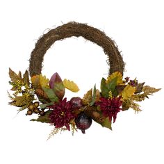 a wreath with flowers, leaves and acorns