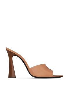 Sleek Leather Mules, Sleek Leather Mules Fitted, Luxury Fitted Leather Mules, Classic Leather Mules With 4-inch Heel, Fitted Leather Sandals With Padded Heel, Brown High Heel Calf Leather Mules, Brown High Heel Mules In Calf Leather, Fitted Leather Mules, Leather Mules With Square Toe