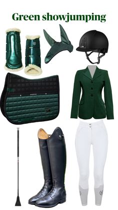 the green showjumping outfit is shown with boots, riding gear and hats