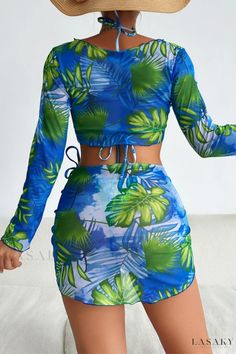 Lasaky - Stylish Printed Bandage Swimsuit Three-Piece Set with Removable Paddings Blue Long Sleeve Sets For Vacation, Blue Long Sleeve Sets For Beach Season, Long Sleeve Blue Swimwear For Beach Party, Fitted Blue Beach Set, Fitted Blue Swim Sets, Blue Fitted Swim Set, Blue Fitted Beachwear Set, Fitted Blue Beachwear Set, Green Two-piece Vacation Set