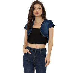 Casual summer shrugs that you need in your wardrobe! This cropped denim shrug looks cool and trendy on any occasion. This wardrobe-essential denim bolero shrug is designed with cropped fitted silhouette which is suitable for clubs, parties, gatherings, and so on. Paired perfectly with a crop camisole and skinny jeans for a fashionable and chic look. Comfortable denim fabric to carry around, your wardrobe must have a summer piece like this. Summer Cropped Denim Blue Jacket, Cropped Denim Blue Jacket For Summer, Cropped Denim Blue Denim Jacket For Summer, Fitted Trendy Shrug For Summer, Trendy Fitted Shrug For Summer, Trendy Fitted Summer Shrug, Cropped Dark Wash Denim Jacket For Summer, Fitted Cropped Denim Jacket For Summer, Trendy Dark Wash Crop Top For Spring