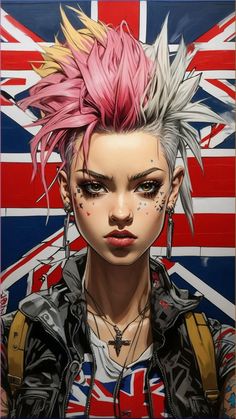 an anime character with pink hair and piercings in front of a british flag background