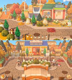 two screens showing the same scene in animal crossing, and another shows an outdoor cafe