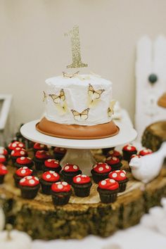 there is a cake and cupcakes on the table