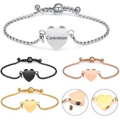 four different styles of bracelets with heart charms on each side and the words customize written