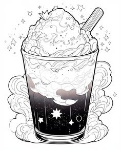 an ice cream sundae in a glass with stars and clouds on the side, black and white