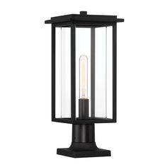 an outdoor post light with a clear glass cover on the top and black metal base