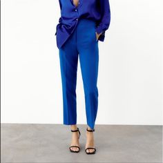 Zara Blogger Tapered Waist Royal Blue Pants Summer Office Straight Leg Pants, Blue Pants With Welt Pockets For Summer, Blue Bottoms With Welt Pockets For Summer, Office Wear Spring Bottoms With Pockets, Tailored Blue Elegant Bottoms, Spring Workwear Straight Leg Pantsuit, Tailored Elegant Blue Bottoms, Spring Office Wear Bottoms With Pockets, Casual Blue Pants For Office