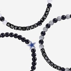 A whole new way to rep the team in style is here. Step up your fan fashion sense with this Dallas Cowboys 3 Pack Beaded Friendship Bracelet. These matching friendship bracelets have an all-over team-colored design and team logo displays, which makes them the perfect way to show your support for the Dallas Cowboys on gamedays and every day in between. Every bead bracelet design is the perfect addition to your outfit, whether you’re heading to the game, watching at home, or just hanging out with f Team-colored Wristband For Game Day, Casual Personalized Beaded Bracelets For Fans, Personalized Team-colored Bracelets For Team Spirit, Black Team Spirit Adjustable Beaded Bracelets, Team Spirit Letter Beads Wristband For Game Day, Team Spirit Wristband With Letter Beads For Game Day, Black Adjustable Beaded Bracelets Team Spirit Style, Casual Beaded Bracelets In Team Colors For Sports Events, Casual Team-colored Beaded Bracelets For Sports Events