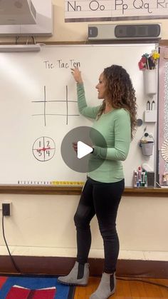 a woman standing in front of a whiteboard with writing on it and pointing to the side