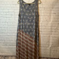 New Never Worn, Beautiful Summer Dress- Perfect For The Beach, Winery Or A 4 Th Of July Party. Great Addition For Those That Love Our Country And The American Flag! Silver Colored Metal Star Embellishments At Front Collar. 62% Polyester 34% Rayon And 4% Spandex, Approximate Measurements.: To Pit 21 Inch To 25 Inch Length 58” Quick Shipper Make A Bundle Or Make An Offer Casual Beach Dress For 4th Of July, Sleeveless Beach Dress For 4th Of July, Sleeveless Star Print Spring Dress, Patriotic Sleeveless Spring Dresses, Patriotic Sleeveless Dress For Spring, Patriotic Blue Sleeveless Dress, Dresses Stars, 4 Th Of July, Metal Star