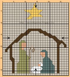 a cross stitch pattern with a manger scene and a star on the top of it