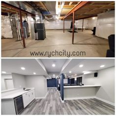 before and after photos of an unfinished basement remodel with wood flooring, new appliances and cabinets