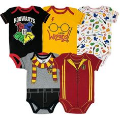 five baby onesuits with harry potter on them, all in different colors and sizes