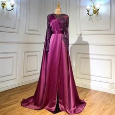 Grape Elegance: 2024 Luxury Evening Dress with High Split in Satin for Women at Parties Purple Evening Dress For Gala, Glamorous Purple Satin Evening Dress, Purple Floor-length Dress For Banquet, Purple Long Sleeve Banquet Gown, Formal Purple Satin Evening Dress, Long Sleeve Purple Gown For Banquet, Purple Long Sleeve Evening Dress For Wedding, Long Sleeve Purple Banquet Gown, Glamorous Embellished Purple Evening Dress