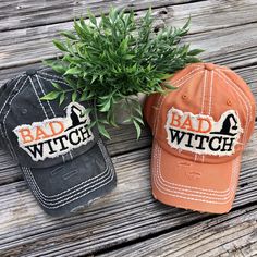 BAD WITCH - 5 Colors! Distressed Ballcap - Baseball Hat or Cap - Halloween - Trick or Treat-Witch Halloween - Trick or Treat 5 Colors: Black Pumpkin (Orange) Moss Pink Turquoise 20’s Style, British Hats, Black Fedora Hat, Bad Witch, Witch Hats, Raffia Hat, Black Pumpkin, Witches Hat, Snake Skin Bag