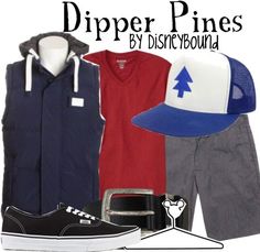 a couple of different types of clothes and hats on display with the words dipper pines by disneyland