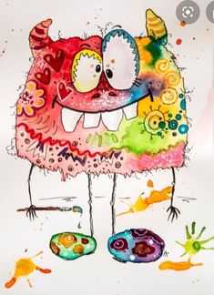 a watercolor and ink drawing of a monster