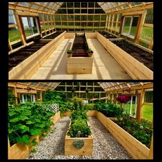 two pictures of an outdoor garden with various plants and vegetables in the center, along with several different types of raised beds