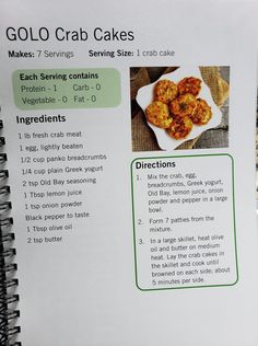 a recipe book with instructions on how to make golo crab cakes