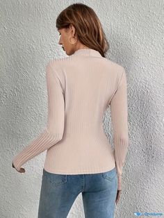 Orcajump - Solid Ribbed Mock Neck T-shirt, Casual Long Sleeve Top, Women's Clothing Winter Ribbed Crew Neck T-shirt, Fitted Ribbed Long Sleeve T-shirt, Fitted Long Sleeve Ribbed T-shirt, Solid Ribbed Long Sleeve T-shirt, Long Sleeve Solid Ribbed T-shirt, Solid Color Ribbed Long Sleeve T-shirt, Casual Ribbed Turtleneck Tops, High Stretch Crew Neck Top With Ribbed Neckline, Solid Color Top With Ribbed Collar And Crew Neck