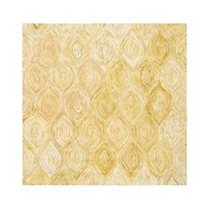 an abstract yellow and white rug with circular shapes on it's sides, in the middle