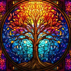 a stained glass window with a tree in the center and colorful leaves on it's sides