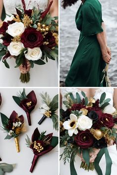 wedding bouquets with burgundy and white flowers, greenery and gold accents for the bride's bouquet