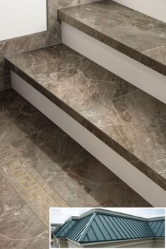 the stairs are made of marble and have gold designs on them