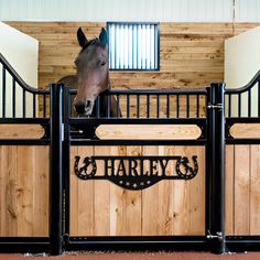 a horse is standing behind a fence with the name harley on it's side