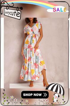 Elegant Floral Print Dress for Women Summer Dresses New Cotton V-neck Lace-up Ruffle Short Flying Sleeve Maxi Dress Multicolor V-neck Wrap Dress For Vacation, Summer V-neck Wrap Dress For Brunch, Multicolor V-neck Midi Dress With Ruffle Hem, Vacation V-neck Maxi Dress With Ruffles, V-neck Ruffled Maxi Dress For Vacation, Sleeveless Floral Wrap Dress For Vacation, Summer Ruffled Maxi Wrap Dress, Summer Maxi Wrap Dress With Ruffles, Vacation V-neck Maxi Dress With Ruffle Hem