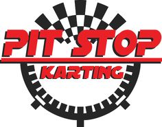 the words pitt stop karting are in red and black letters on a white background