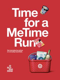 a red basket filled with food and drinks on top of a red background that says time for a metime run